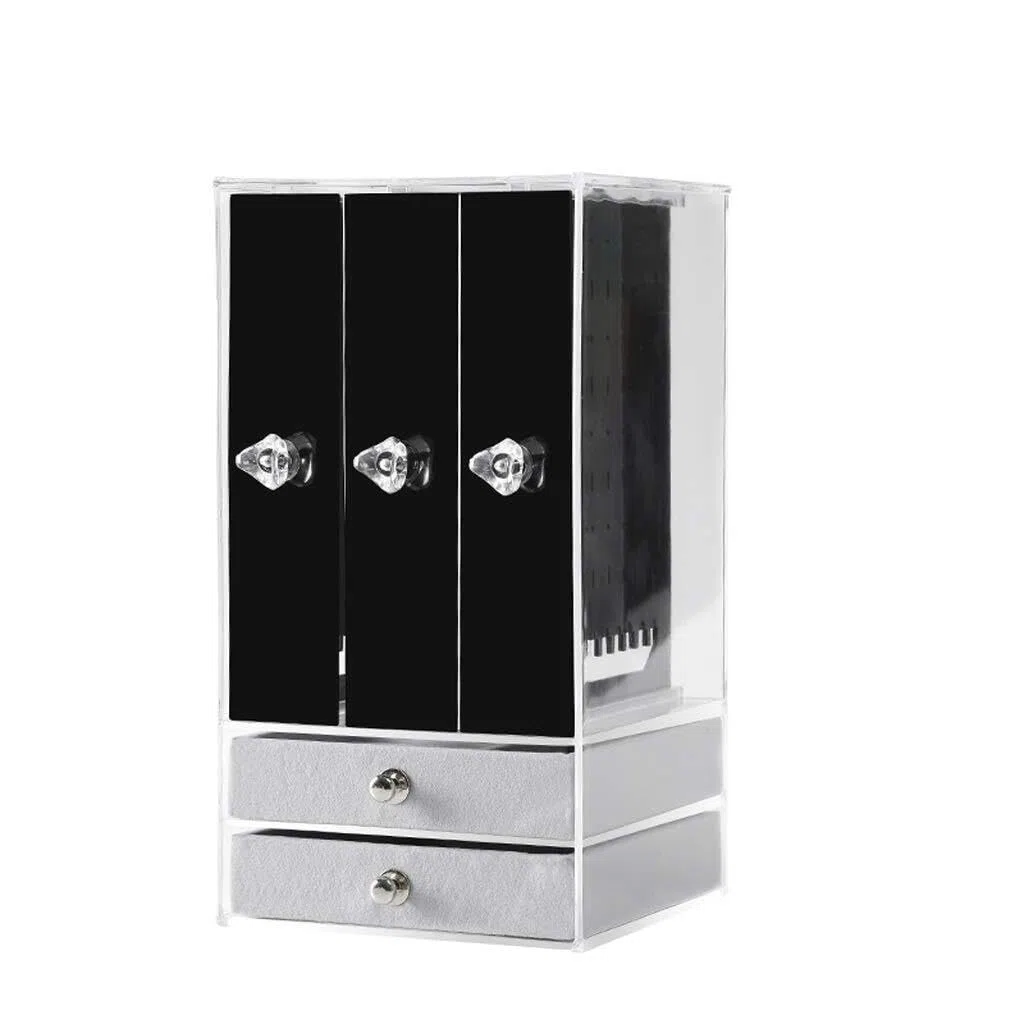 Organizador de Joyas de acrílico con 2 cajones y 3 colgadores para Pendientes, Transparente para Anillos, Collares y Pulseras.