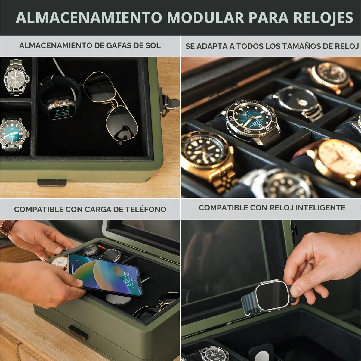 CASE ELEGANCE Caja organizadora militar para reloj con 10 ranuras para hombres, parte superior de cristal real, bandeja de valet modular, reloj Apple compatible con soporte para reloj Apple, verde