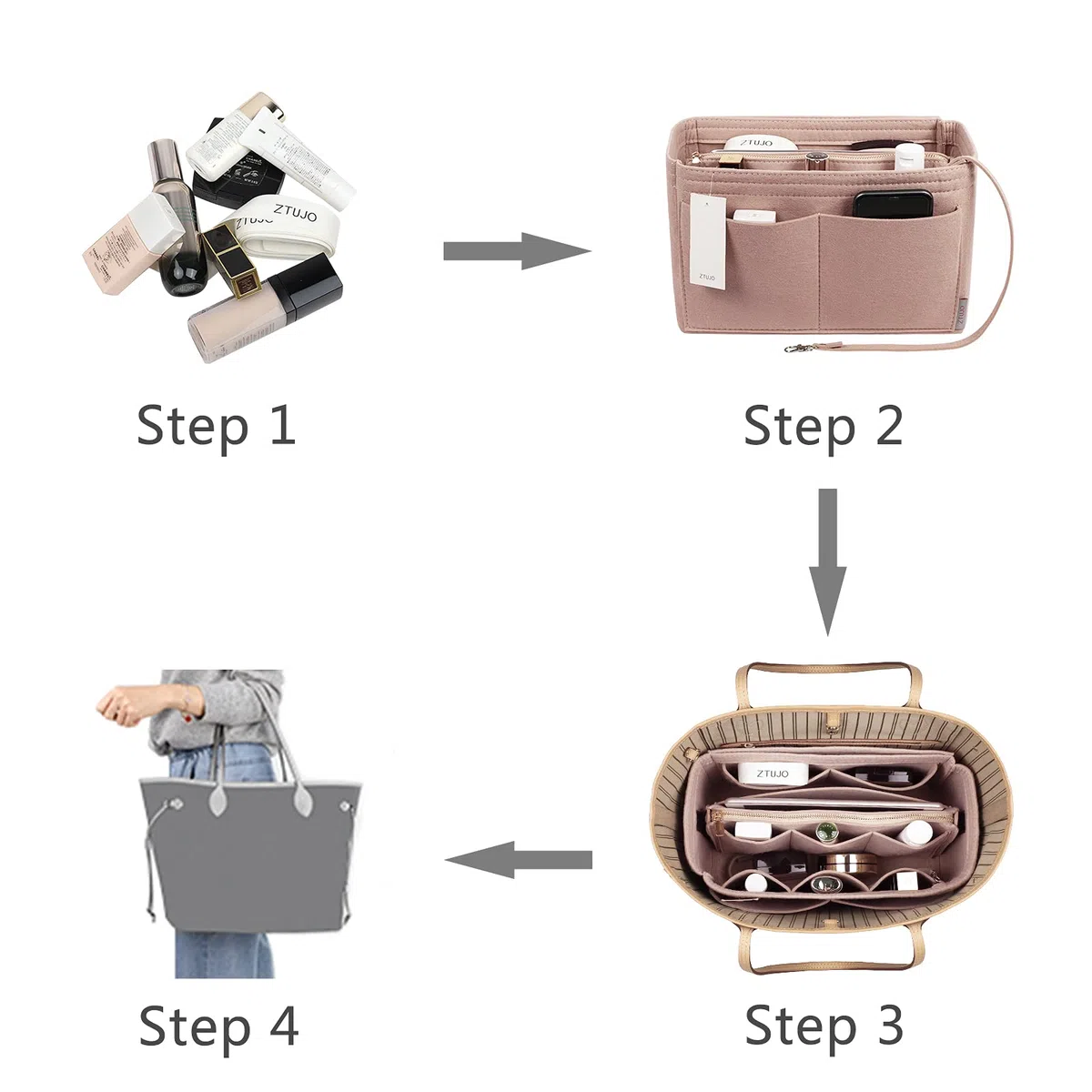 Organizador de bolso, organizador de bolsas de fieltro con cremallera, moldeador de bolsos y bolsos, Fit LV Speedy, Neverfull, Longchamp, bolso de mano (delgado grande, beige)