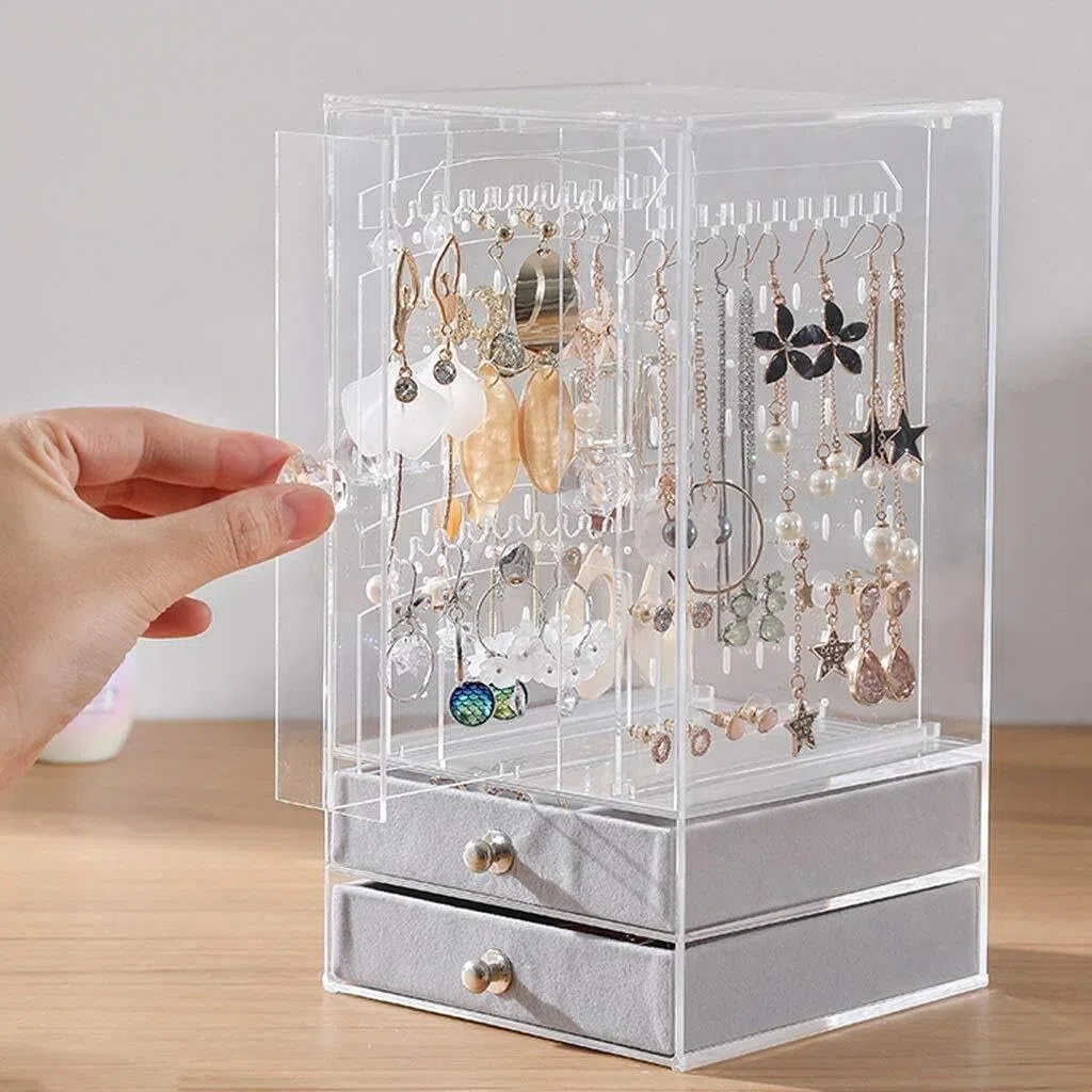 Organizador de Joyas de acrílico con 2 cajones y 3 colgadores para Pendientes, Transparente para Anillos, Collares y Pulseras.