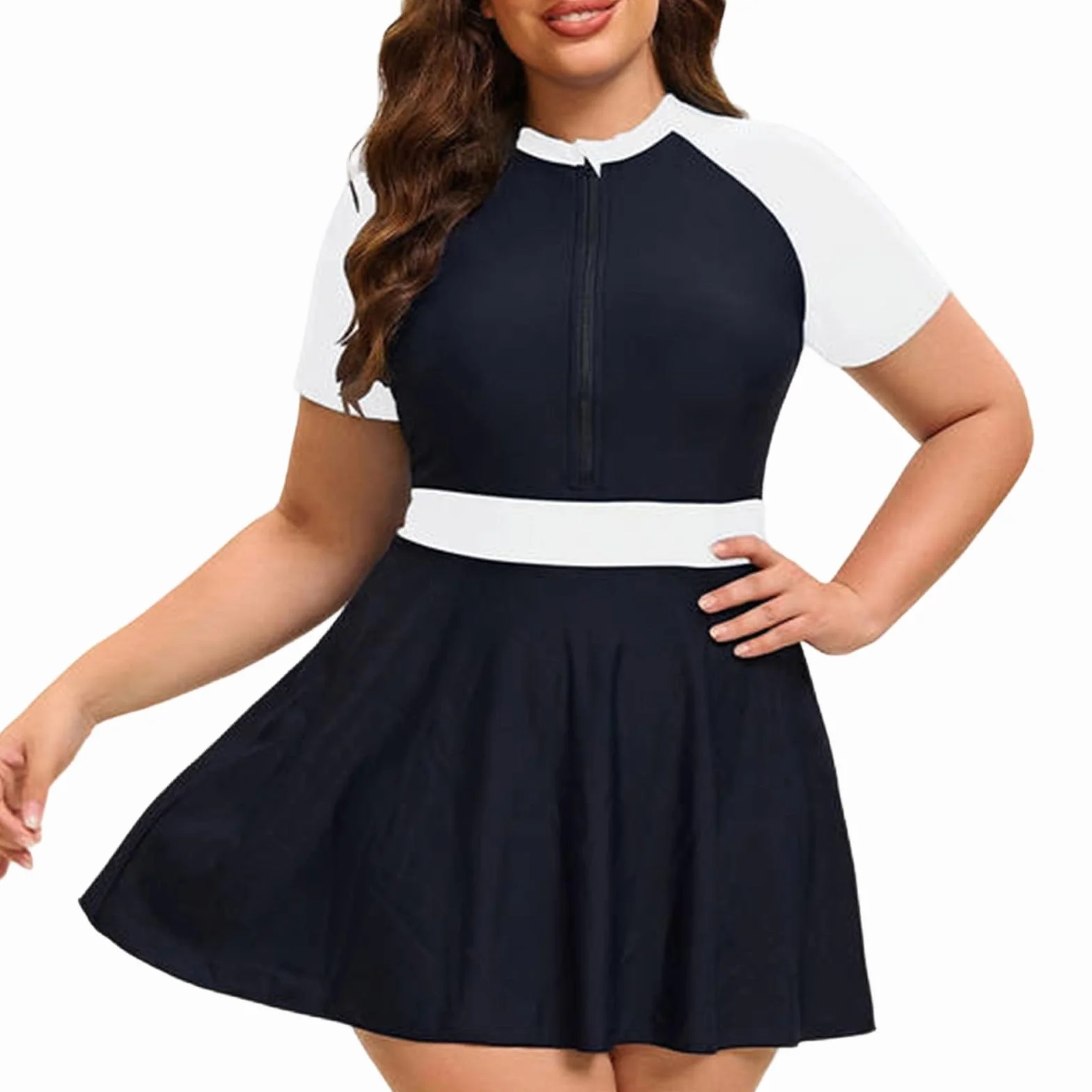 Traje baño Vestido Talla Grande Manga Corta Cremallera Shorts Mujer Dos Piezas