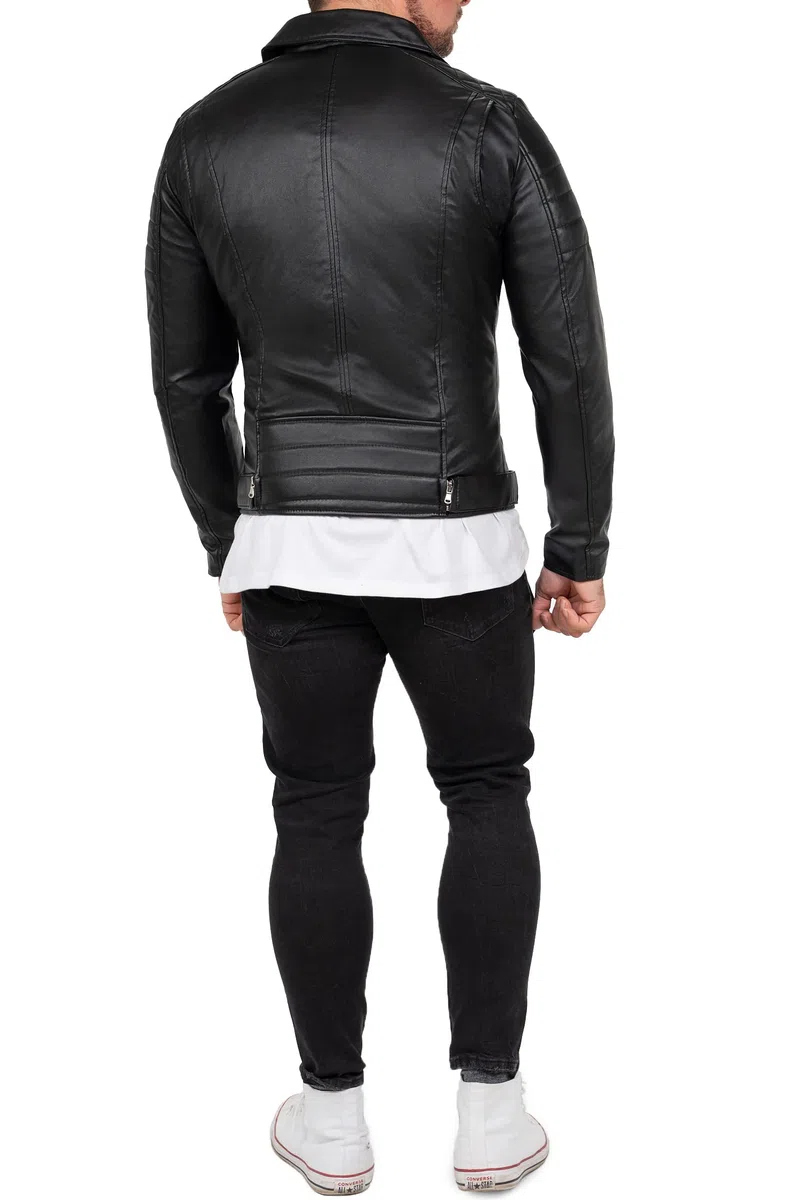 Reichstadt Chaqueta Hombre Cuero Sintético Biker Bomber Cuello Alto | Detalles con cremalleras, bolsillos laterales, forro interior, estilo urbano, entretiempo, paseo, ocio y uso diario