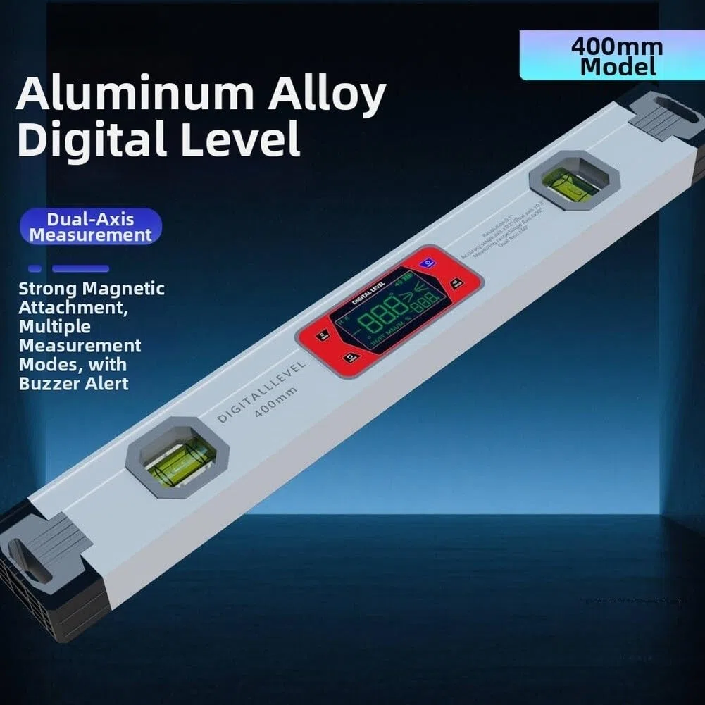 Nivel digital de aleación de aluminio de 400 mm que soporta múltiples unidades de medición con lecturas de doble dirección y zumbador para comprobaciones de ángulo (gris)