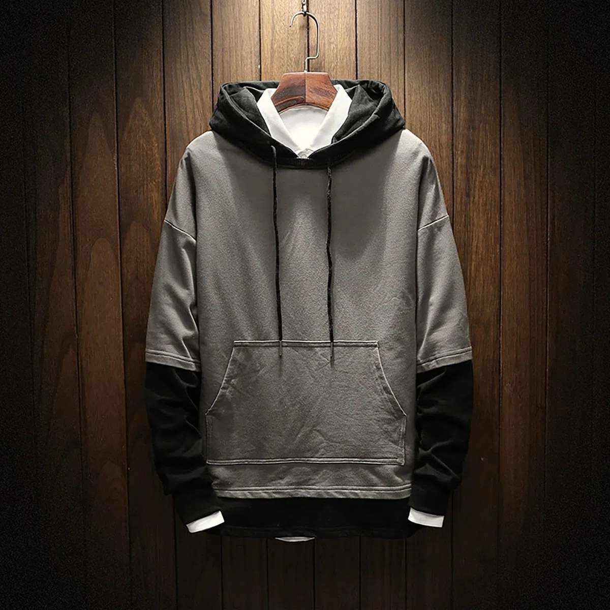 Sudaderas con Capucha Corta Sudadera Oversize Estilo Patchwork para Hombre, Nueva Otoño Juveniles (Grey, XXL) Ropa Gimnasio Hombre Playa Moto Oversized Gym Camisas Manga Larga Kit De