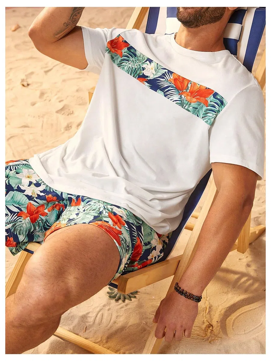 Floerns Conjunto de 2 piezas para hombre, camiseta con estampado de árbol y pantalones cortos de playa