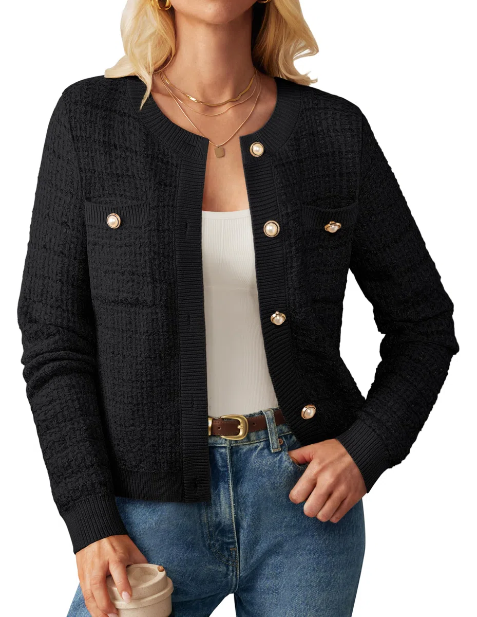GRACE KARIN Cárdigan de punto con botones y bolsillos para mujer, con parte delantera abierta, con textura, Negro -, L