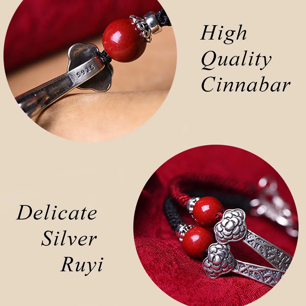 NZpost Pulsera de cinabrio de Plata esterlina, Pulsera con dijes de Ruyi, Pulsera de Hilo Rojo, Amuleto de Riqueza, Pulsera de Buena Suerte, talismán Fuerte, Pulsera de cinabrio St1 (Oro Ajustable)