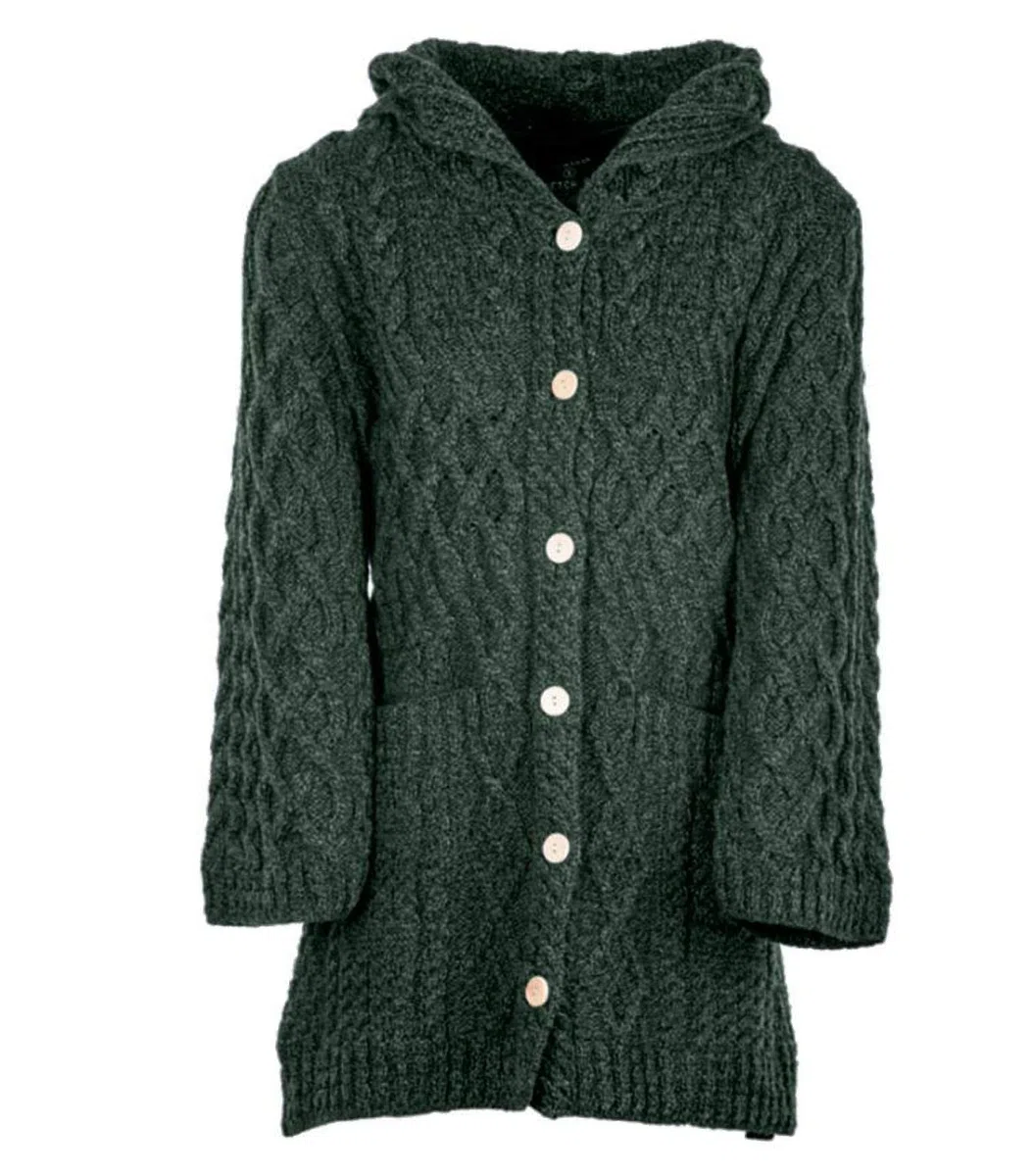 Cárdigan largo de lana merino, tejido irlandés, con botones para mujer, con capucha y bolsillos delanteros, fabricado en Irlanda