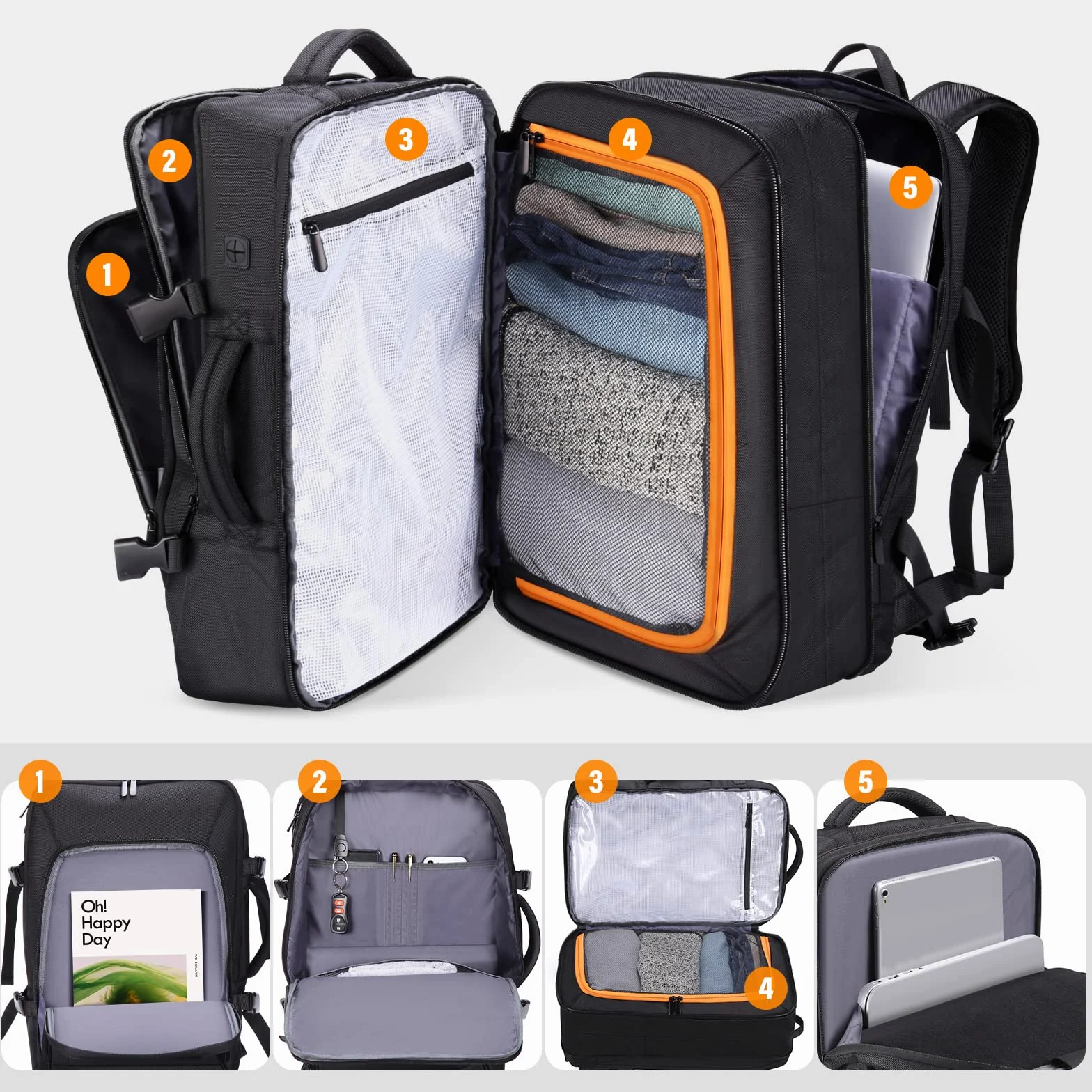 HOMIEE Mochila Viaje Mochila Cabina 55x40x20 50L Extensible Mochila Para Portátil 15.6 17.3 Pulgadas Equipaje de Mano Impermeable Bolsa para Negocio Trabajo Viaje Escolares Hombre Mujer