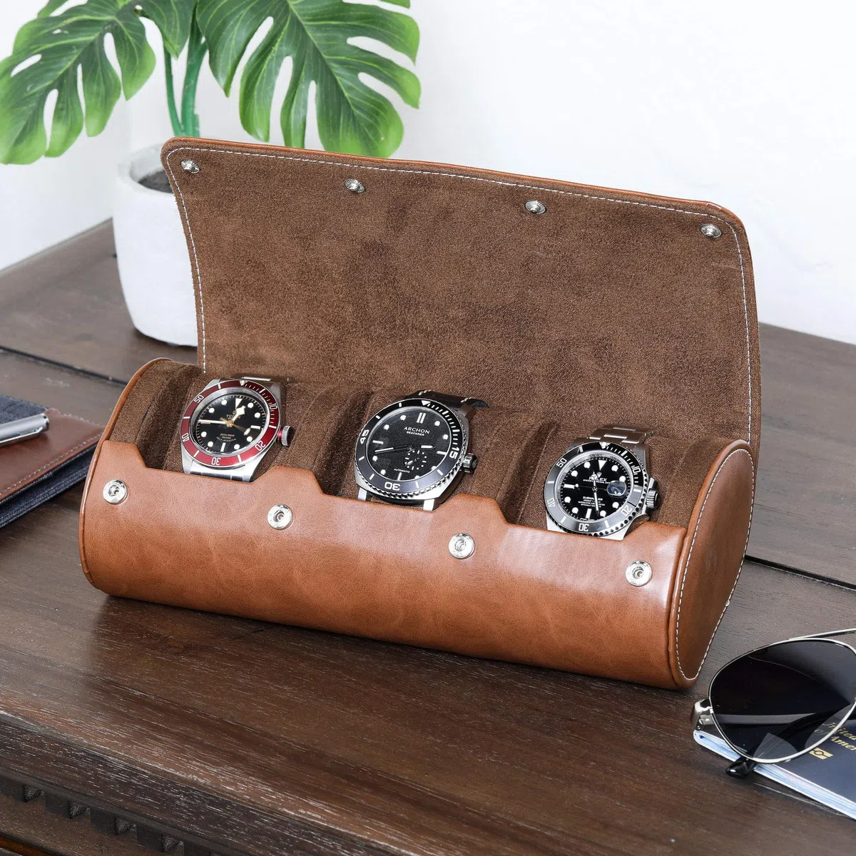 ROTHWELL Estuche de viaje con rollo de reloj para 3 relojes | Protección portátil resistente, se adapta a todos los relojes de pulsera (bronceado/marrón)