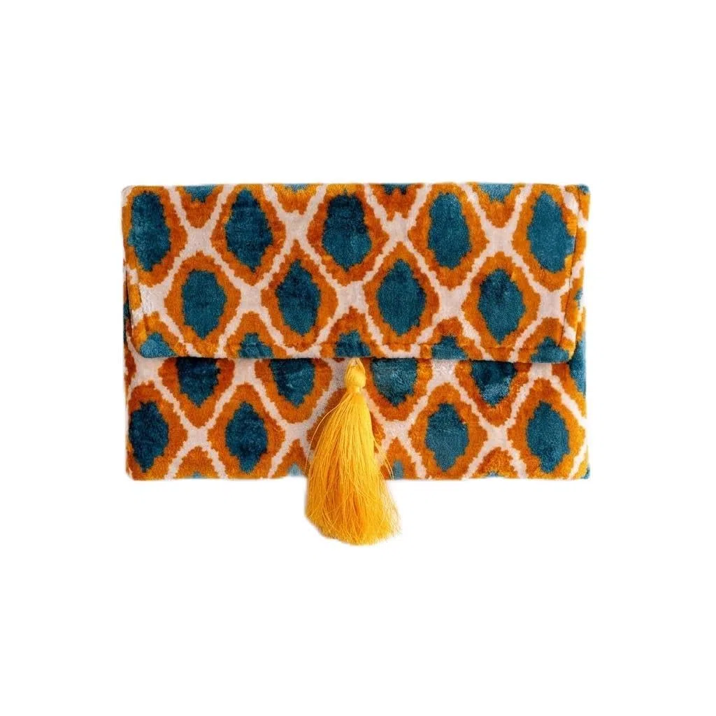 Bolso Ikat de terciopelo de seda hecho a mano, estilo sobre, diseño bohemio, patrón étnico, opción de correa de cadena, bolso de mano de fiesta de noche, bolso de mano de alta calidad, color