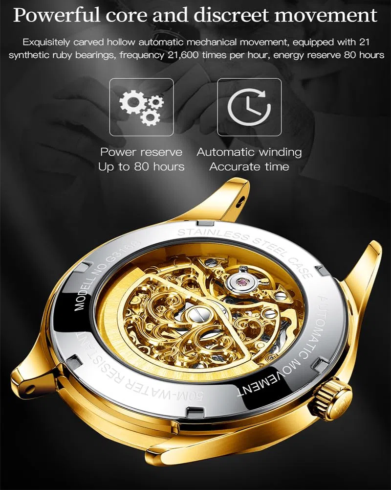 OUPINKE Reloj automático para hombre, diseño de esqueleto, de lujo, mecánico, impermeable, luminoso, acero inoxidable, espejo de cristal de zafiro