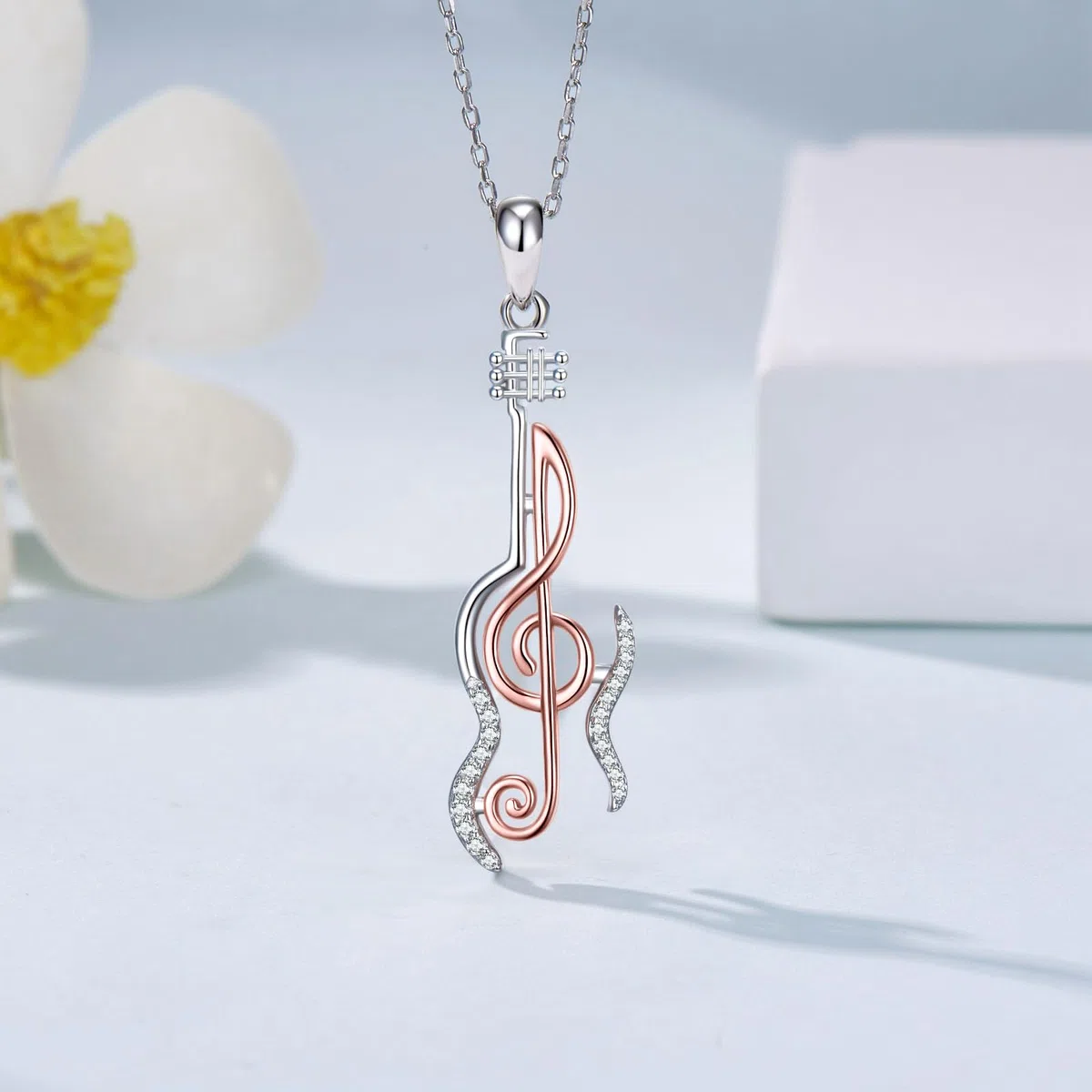 Collar con colgante de notas musicales de plata de ley 925, piano/violín/cristal con notas musicales para mujer