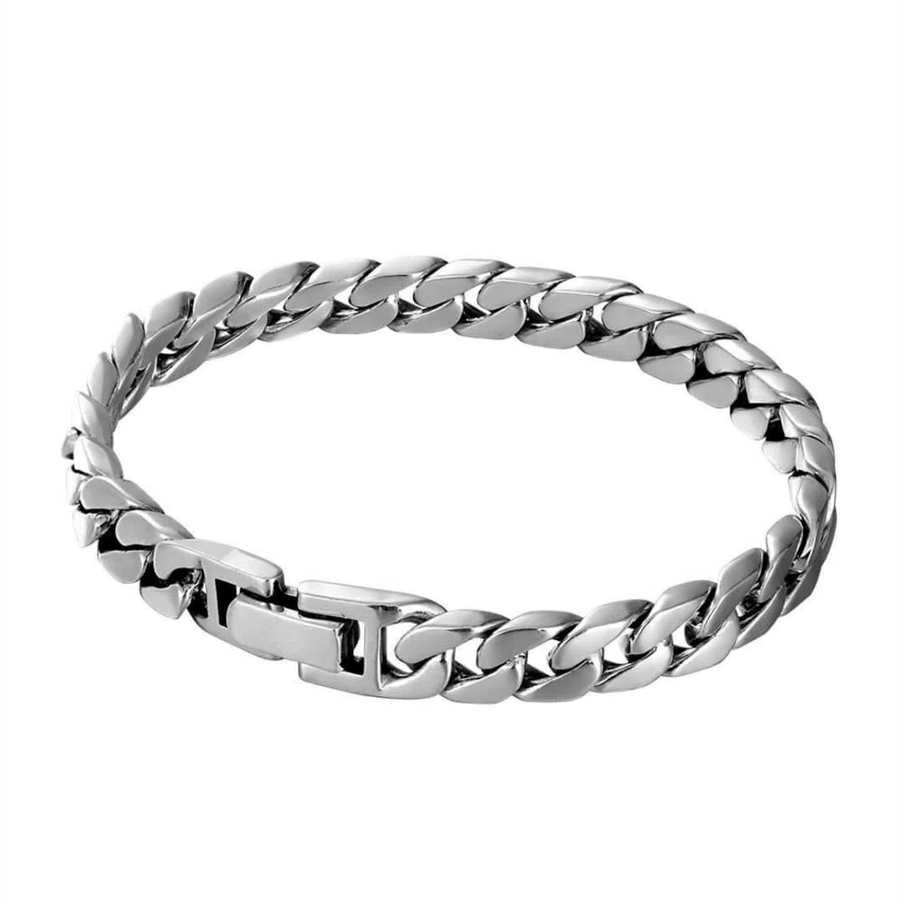 Pulsera de cadena de eslabones cubanos planos de plata de ley 925 para hombre, 8 mm, 10 mm, 12 mm, ancho 18 cm, 20 cm, 22 cm de largo
