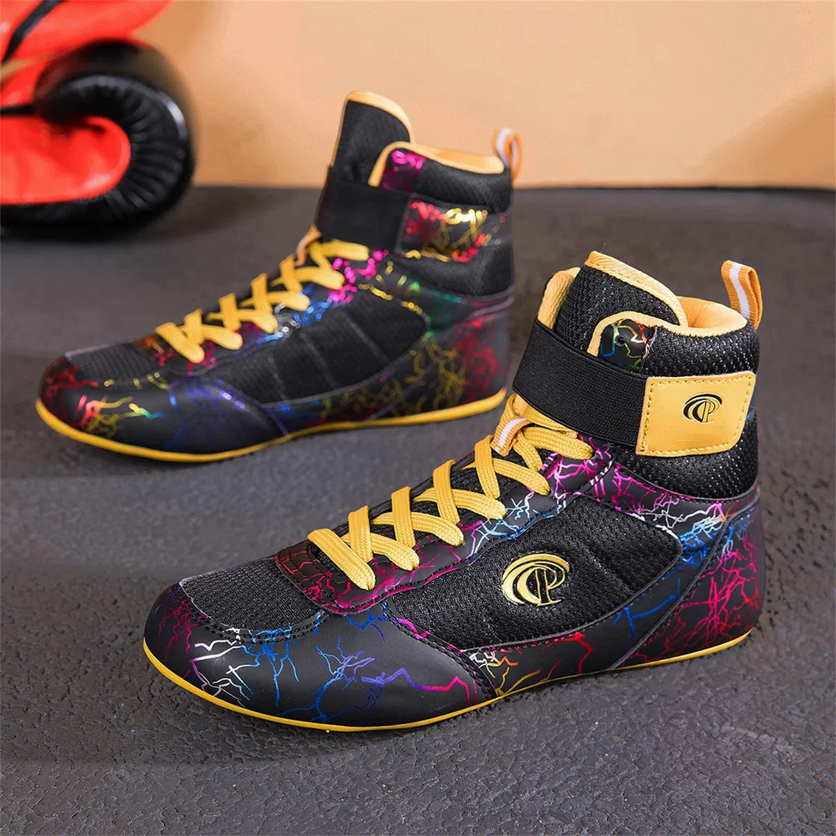 Zapatillas Boxeo Hombre Zapatillas Lucha Libre Ligeras Transpirables con Estampado de Caña Alta para Fitness Levantamiento de Pesas