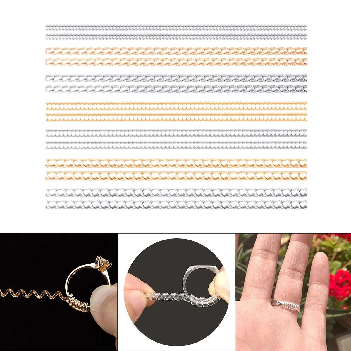 Juego de 10 ajustadores de tamaño de anillo, anillos sueltos, espaciador, 14 piezas, oro y plata, 14 piezas