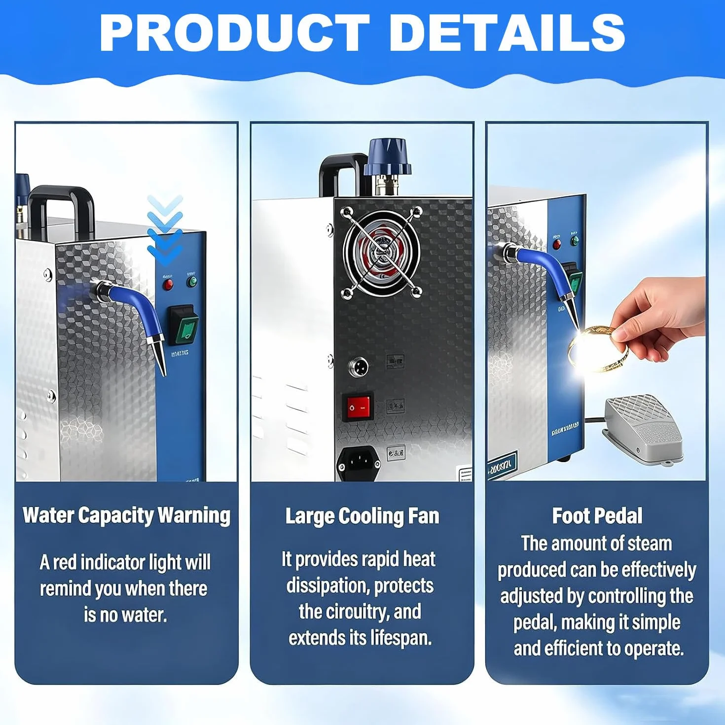 Limpiador de Joyas a Vapor, máquina limpiadora de Joyas a Vapor de Alta presión con Interruptor de Pedal para Joyas de Oro y Plata. 2L