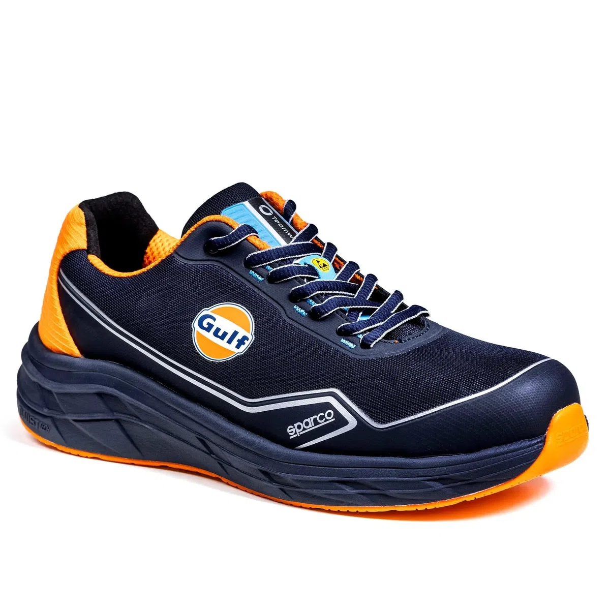 Sparco Teamwork Gulf Mirage Zapatos de Seguridad para Hombre S1PS ESD HRO Bajos. Ultraligeros, con amortiguación EVA, Parte Superior 3D Transpirable. Diseño Oficial Gulf. EU 43