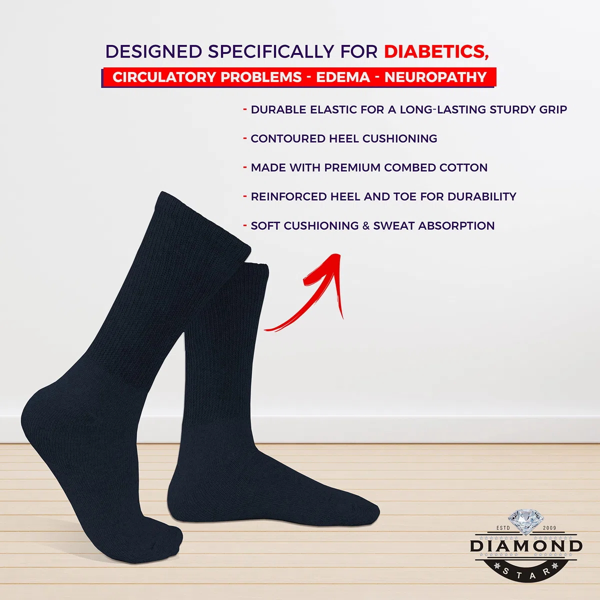 Diamond Star Calcetines para diabéticos, cojín circulatorio no vinculante, calcetines de algodón para diabéticos para hombres y mujeres