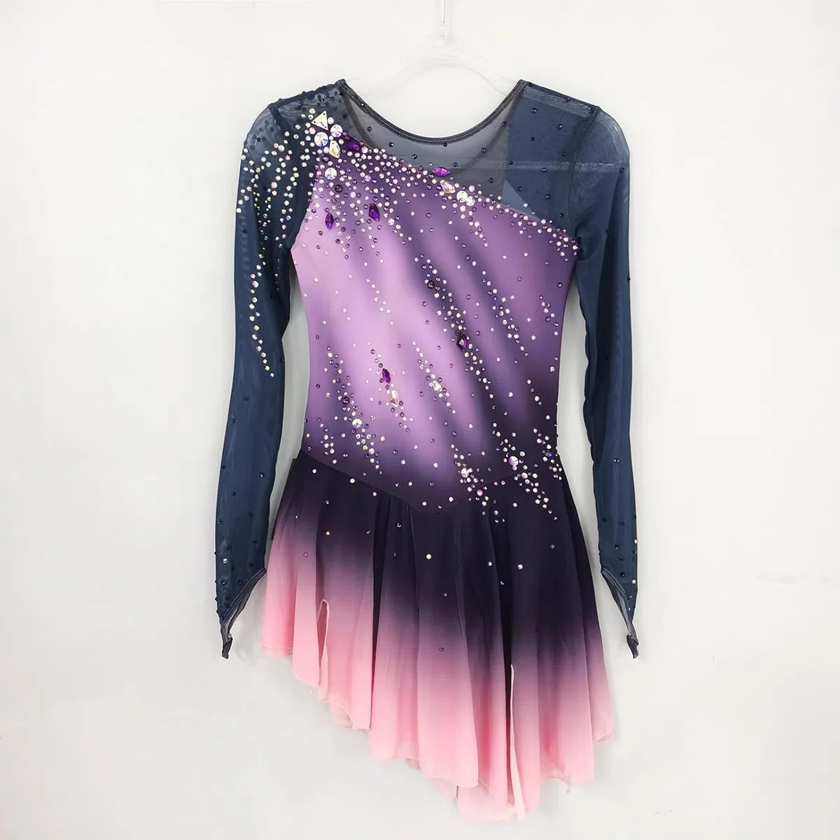 Vestido de Patinaje Artistico para Niña Mujeres Pedrería Manga Larga Niñas Vestido Bailarina con Gimnasia Rítmica Maillot de Patinaje Competición Traje de Baile