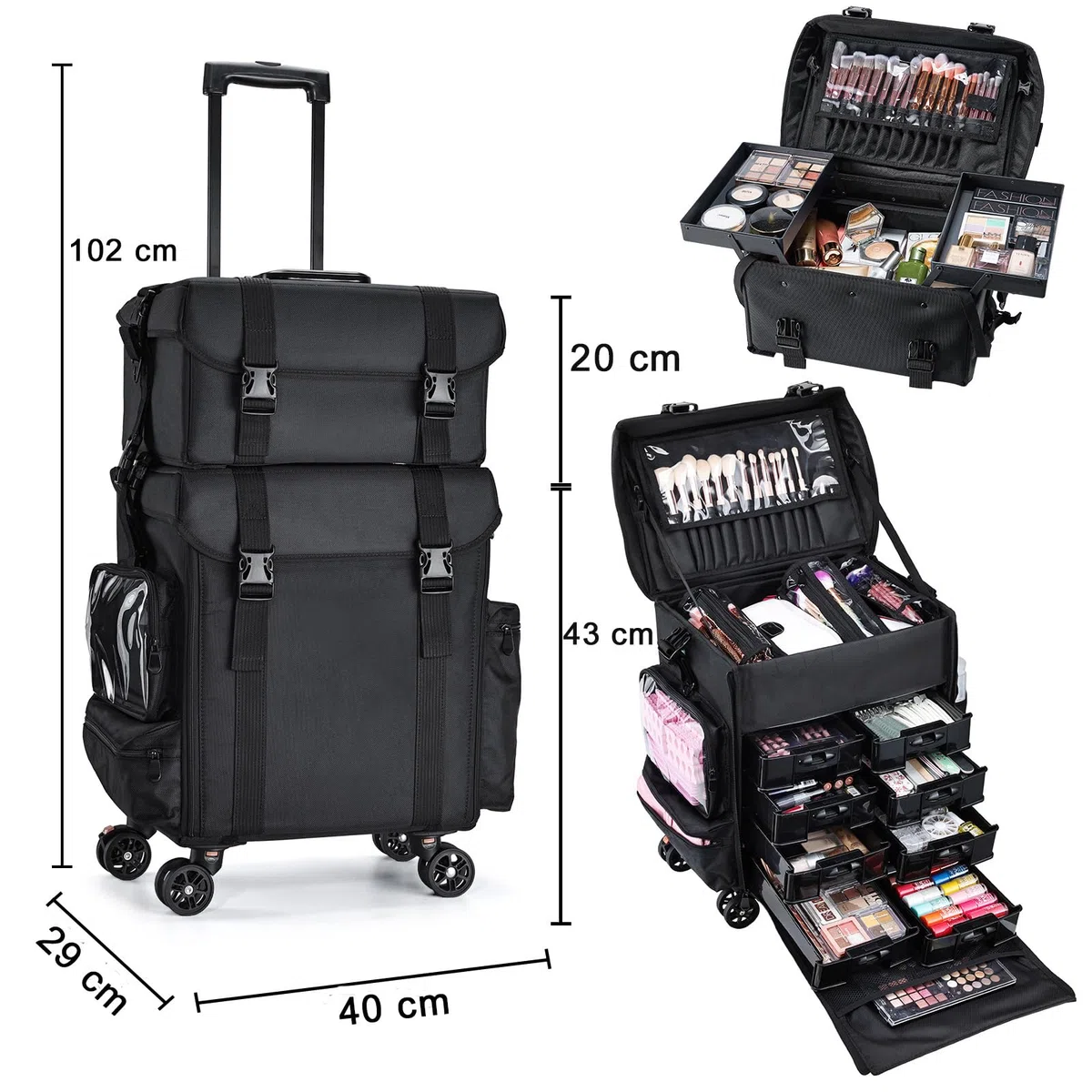 Maleta Maquillaje Profesional 2 en 1 Maletin Maquillaje con 8 cajones Maleta Cosmético Trolley Maquillaje con Ruedas Caja de Maquillaje Maletín de Uñas, Negro