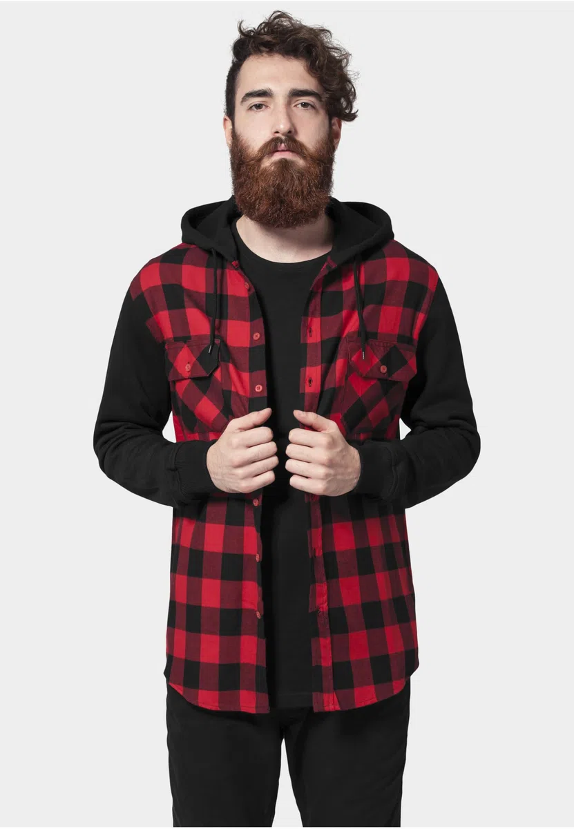 Urban Classics A Cuadros Franela con Capucha Hombre Camisa de Franela Negro/Rojo Regular