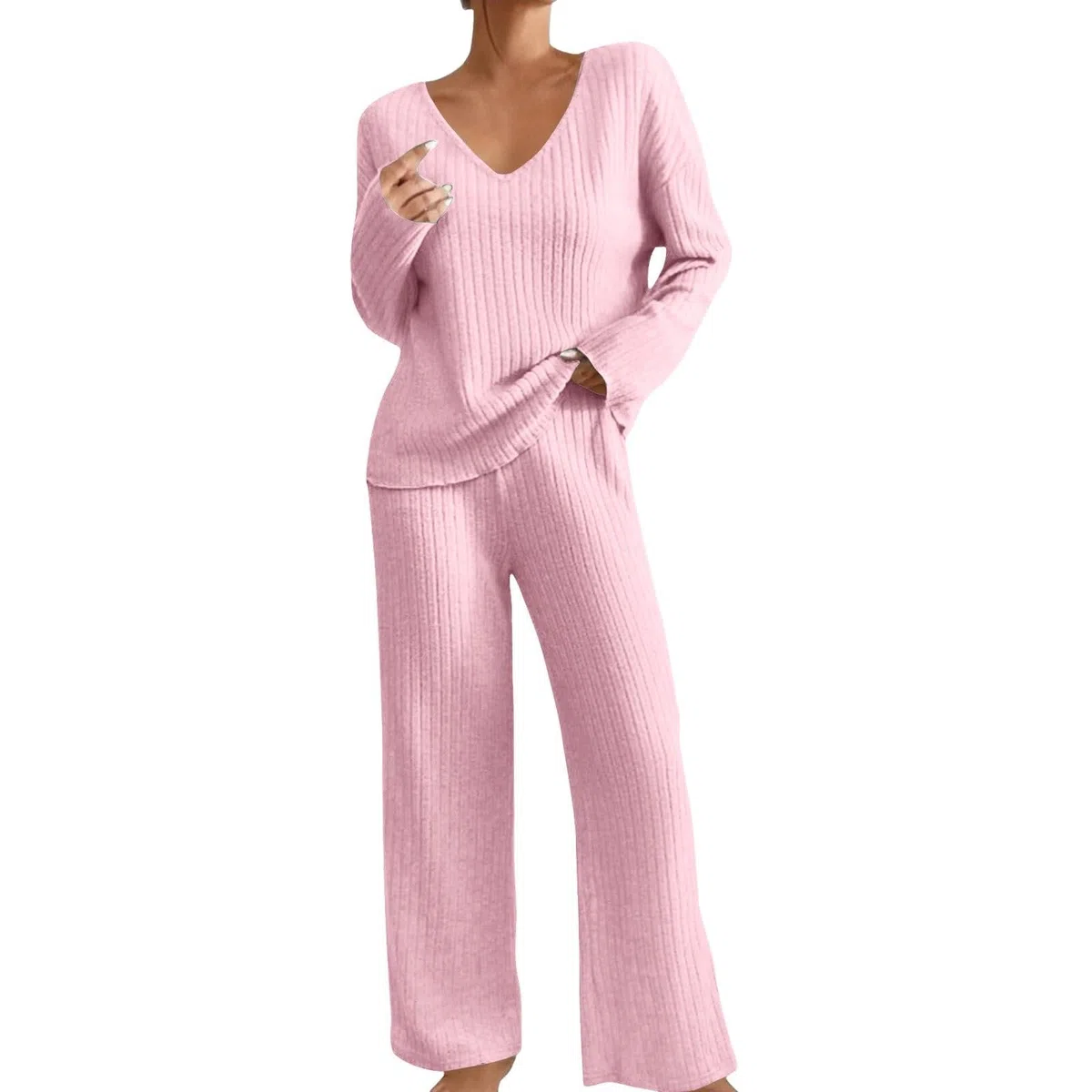 Loungewear - Conjunto de dos piezas para mujer, elegante pijama acanalado, ropa de casa, juego de pijama suelto, manga larga, cuello en V, parte superior de pierna ancha, pantalones, ropa de dormir