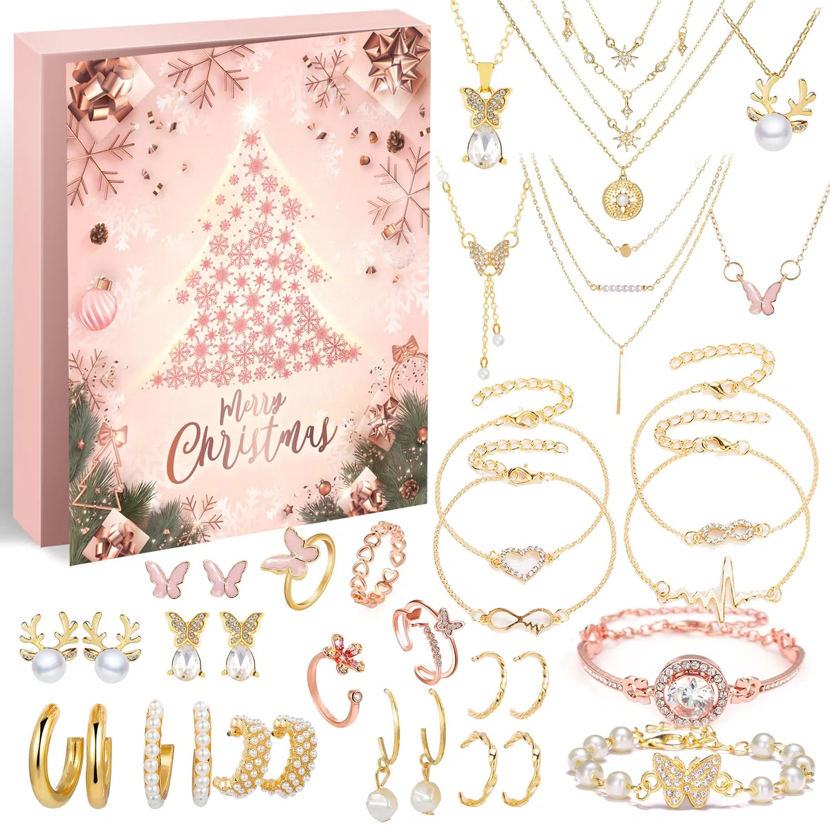 Calendario de Adviento 2025 de Navidad para mujer, pulsera de moda, collar y aretes, cuenta regresiva de 24 días, regalo sorpresa de Navidad para hija, novia, esposa, mamá (rosa)