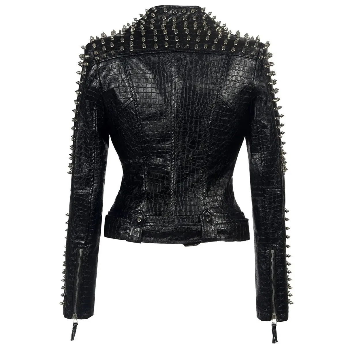 Chaqueta Cuero Mujer Abrigo de cuero invierno con múltiples remaches, chaqueta corta manga larga, moda for mujer, ropa punk rock negra Para salir
