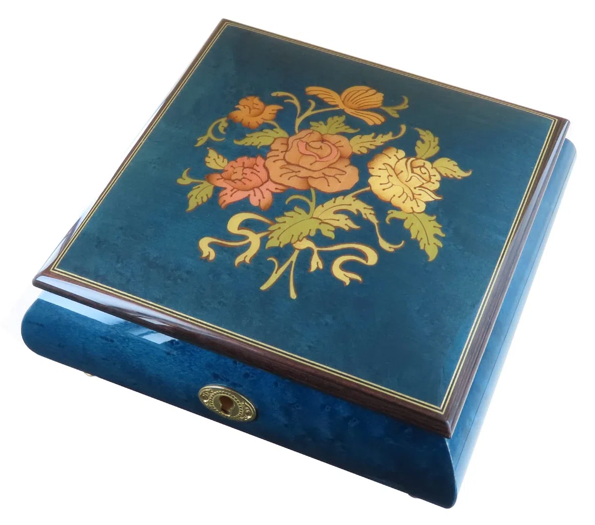 Joyero musical / caja de música para joyas de madera teñida de azul con marquetería ramo de flores y mecanismo musical de resorte de 18 notas - La vie en rose - La vida en rosa (Louiguy / Edith Piaf).