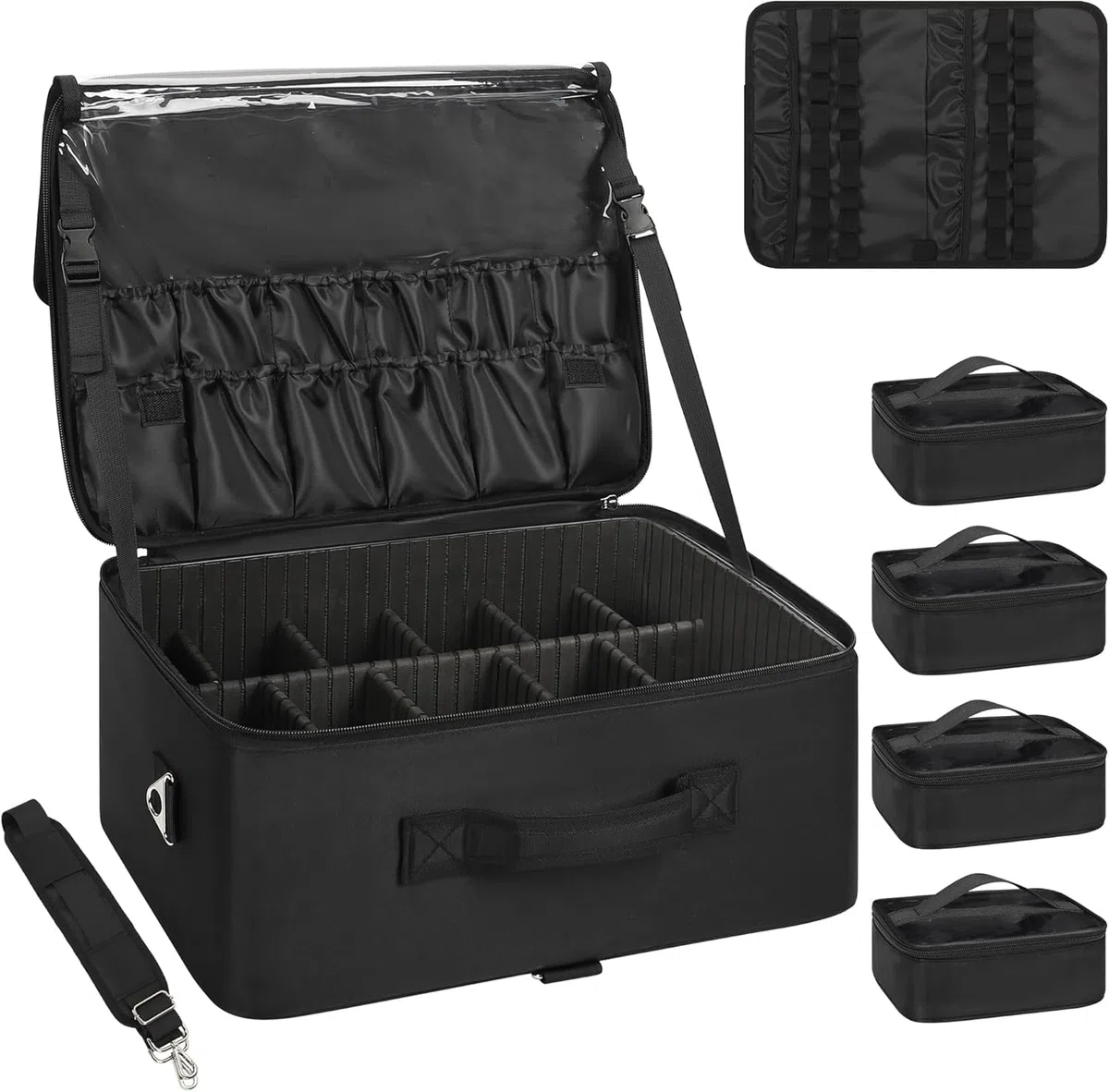 Maletín de maquillaje, organizador de cosméticos profesional con soporte para brochas, Negro , XXL, Fallow