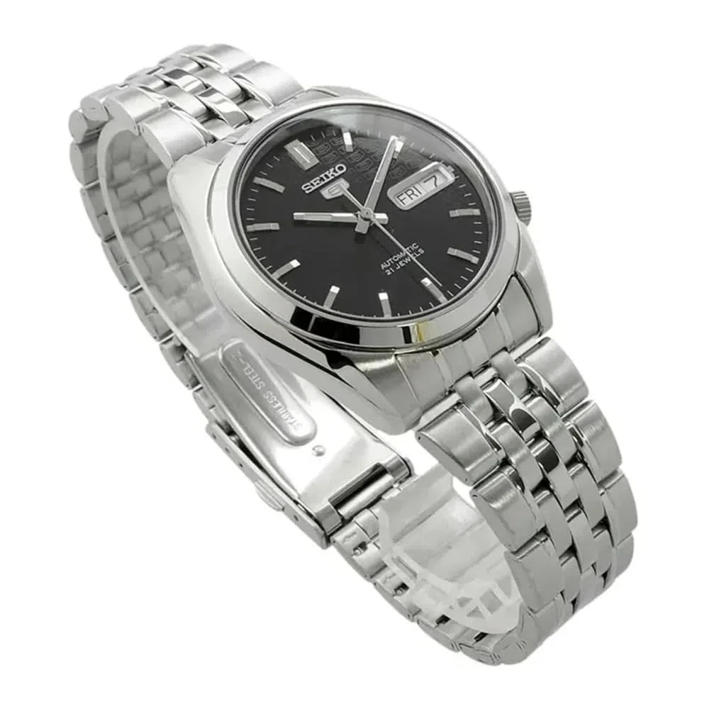 Seiko SNK361 - Reloj analógico de Acero Inoxidable con Esfera Negra para Hombre, Negro/Gris, Clásico