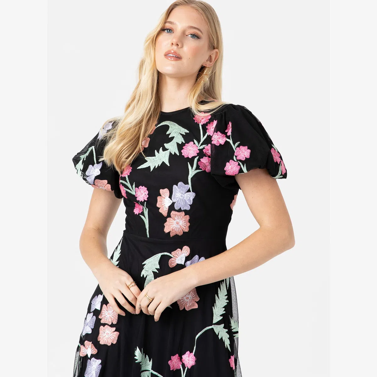 Maya Deluxe Womens Maxi Dress Ladies Floral Embroidered Open Back Puff Sleeves Dress For Wedding Guest Bridesmaid Prom Occasion Vestido Mujer