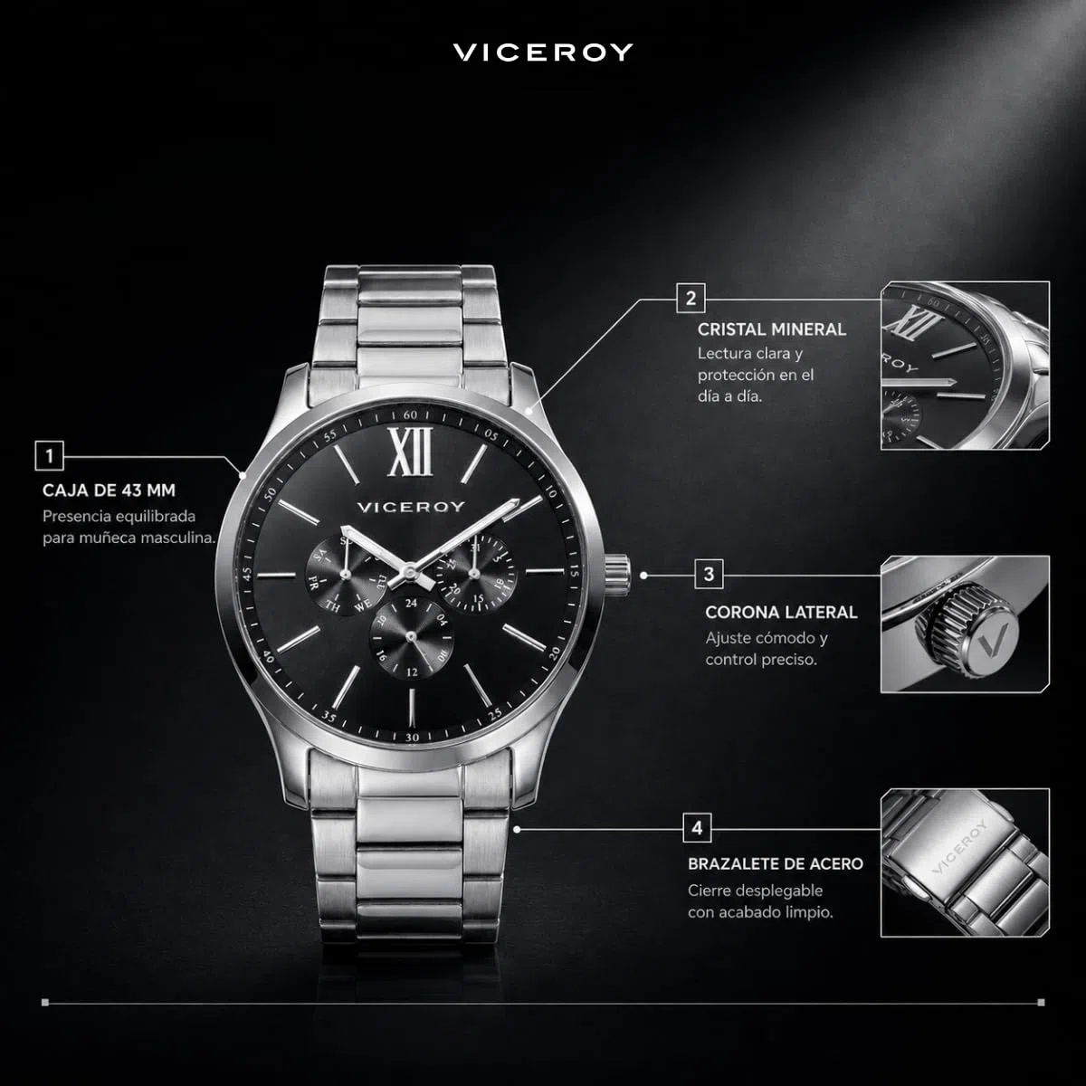 Viceroy Reloj Analógico Hombre de Acero Inoxidable - 43 mm - Movimiento de Cuarzo - Acabado Dorado - 401187