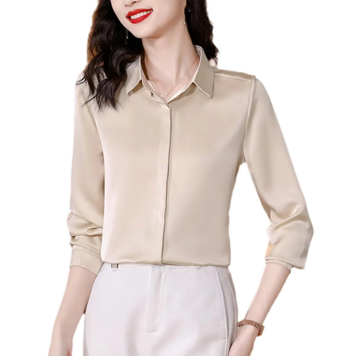 Elegante Blusa de Seda Mujer Camisas Manga Larga de Oficina,100% Seda
