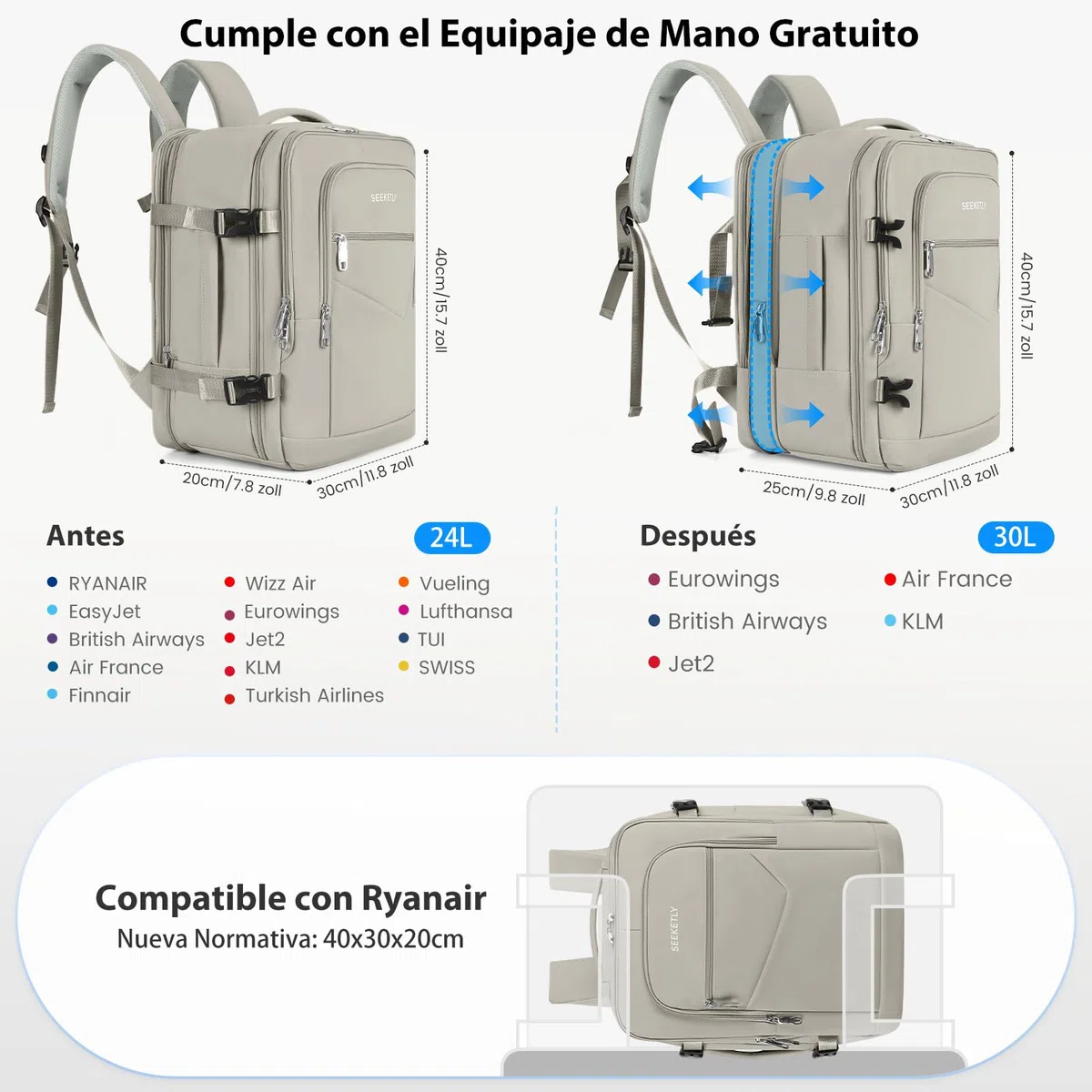 Mochila 40x30x20 Expandible 40x30x25 para Ryanair,Vueling, Wizz Air, Mochila Viaje Cabina Avión Mujer y Hombre, Equipaje de Mano con Compartimento Portátil 15.6", Mochila Antirrobo