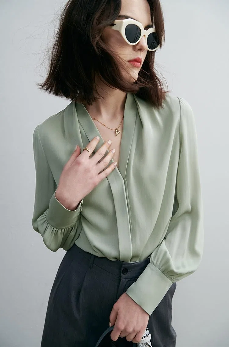 Blusa de Seda Crepe elástica de Manga Larga para Mujer