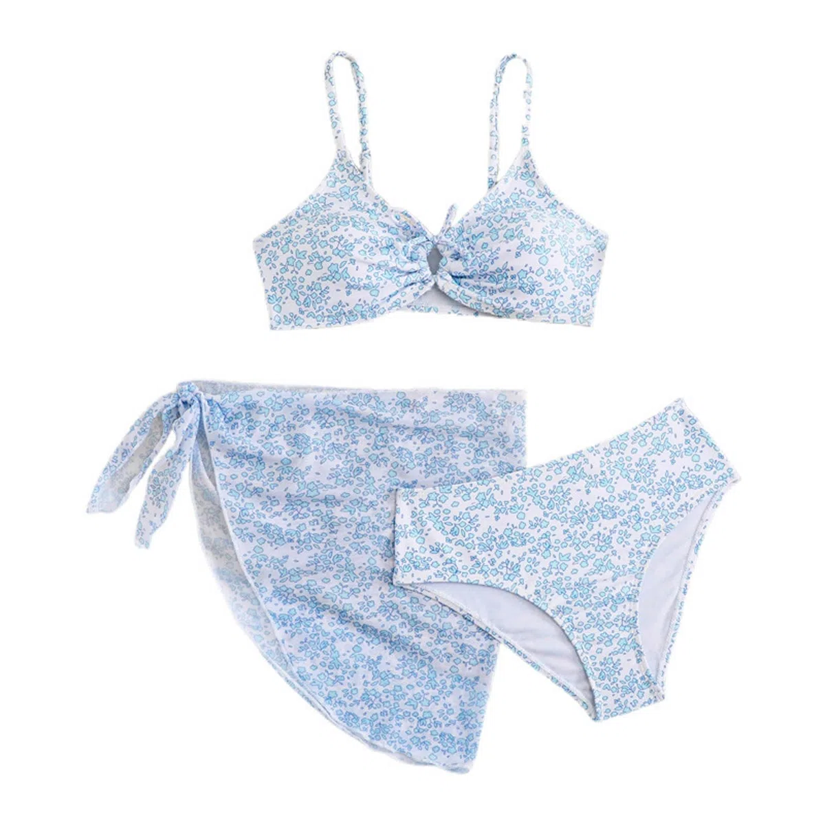 Traje de baño triángulo para niña con falda. Bonito traje de baño de tres piezas para niñas en verano con estampado cruzado, estampado de colores y estampado floral