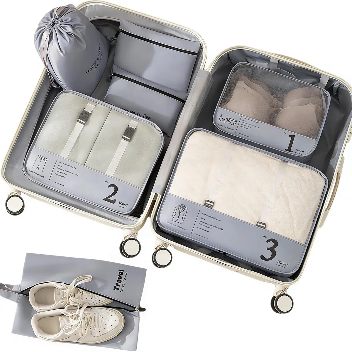 Juego de 7 cubos para maleta, organizadores de equipaje ligeros, accesorios de viaje, organizadores de maleta de compresión y cubos de viaje, para viajes, bolsas de equipaje para ropa