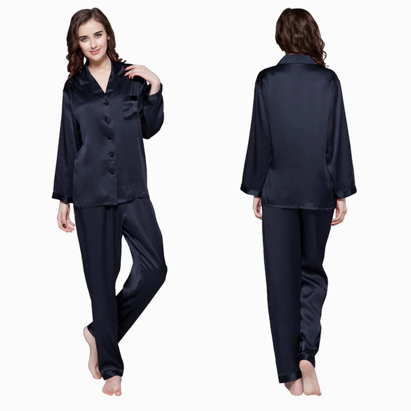 MOGSA Pijama para mujer, primavera y otoño, conjunto de pijama de seda para mujer, liso, 2 piezas, botones frontales, pantalones para el hogar, overoles para mujer, azul diamante, XS