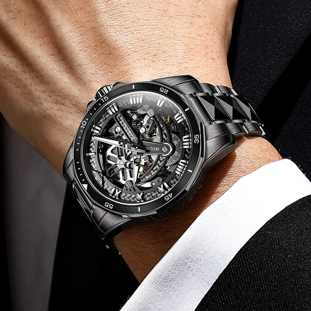 OUPINKE Reloj de pulsera automático para hombre, esqueleto plateado, esfera luminosa 3D con correa de acero de tungsteno luminosa impermeable de 5 ATM, cristal de zafiro, dos tonos, Correa negra,