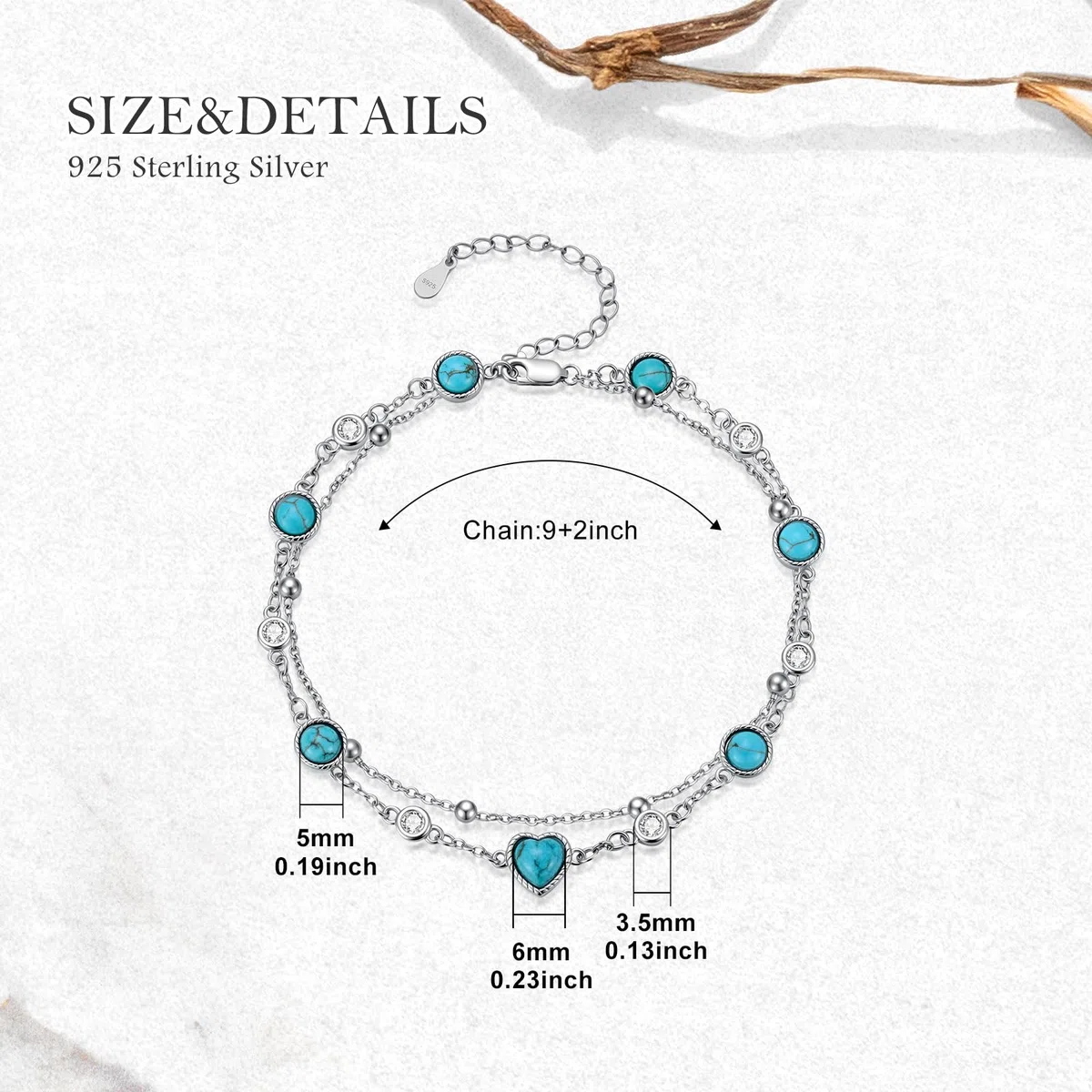 Tobillera de plata de ley 925 turquesa natural, pulsera ajustable de varias capas para mujer