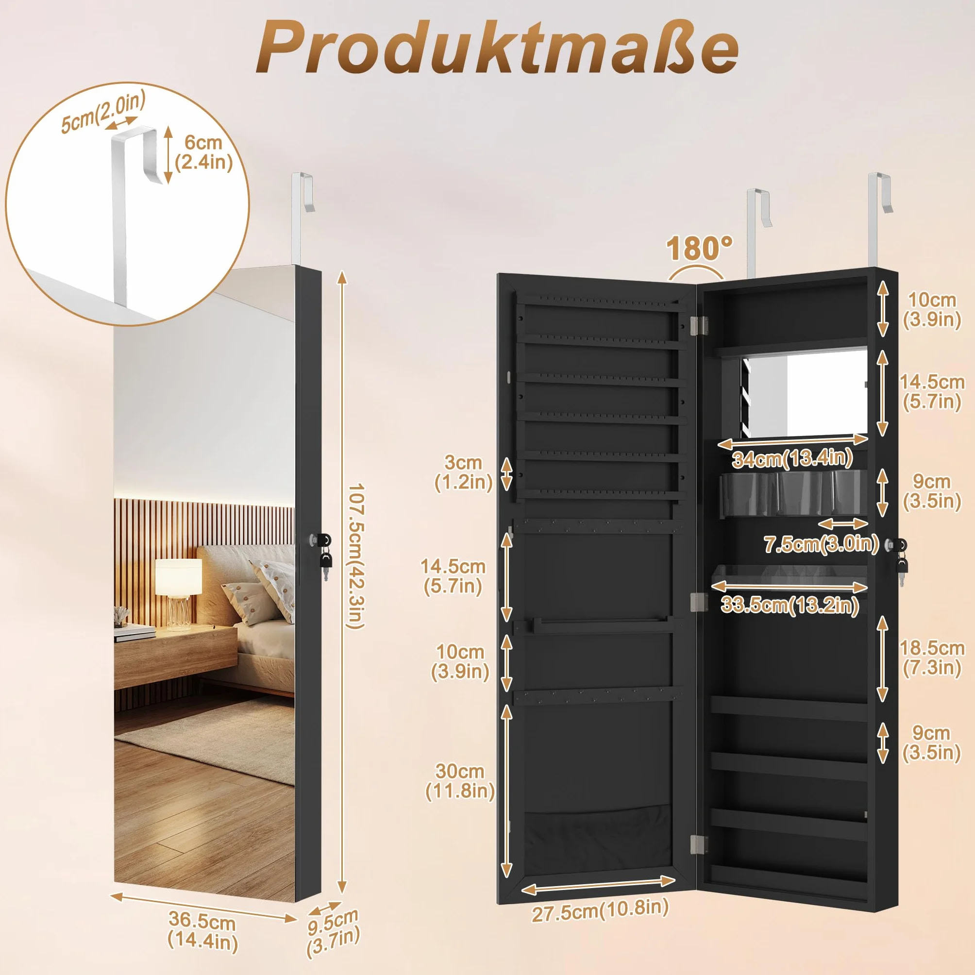 FIVMEN Mueble para joyería con espejo, mueble de pared, joyero colgante con cerradura, organizador de maquillaje 2 en 1 con espejo de cuerpo entero, espejo de pie, negro