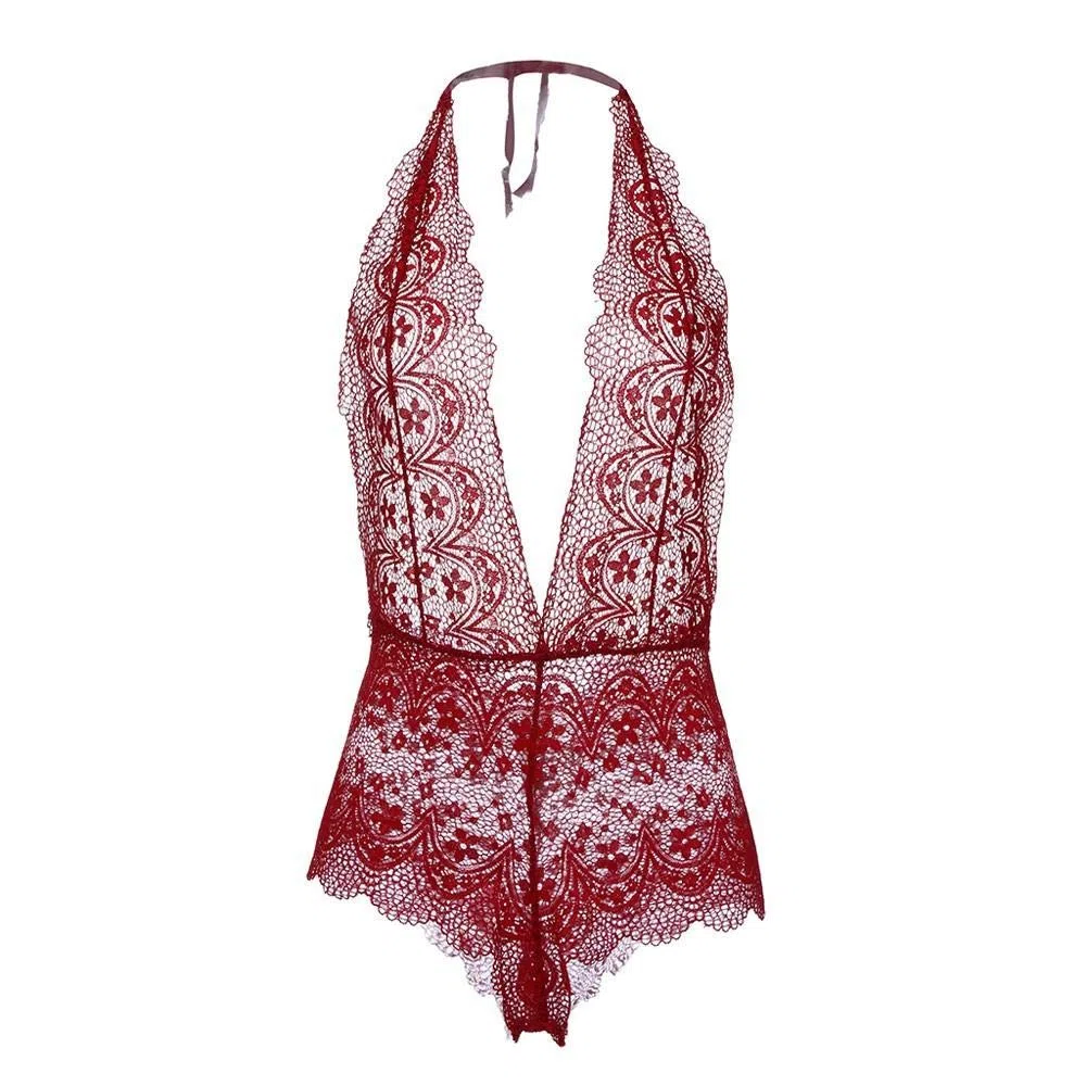 Mujer Sexy Negro con Encaje Sensual Elegante Fina Lenceria para DamaMonos Sexis para Mujer, Mamelucos sin Mangas en V Profundo para Mujer, Tops para Mujer, Ropa de Dormir Sexy, Vino__XXL