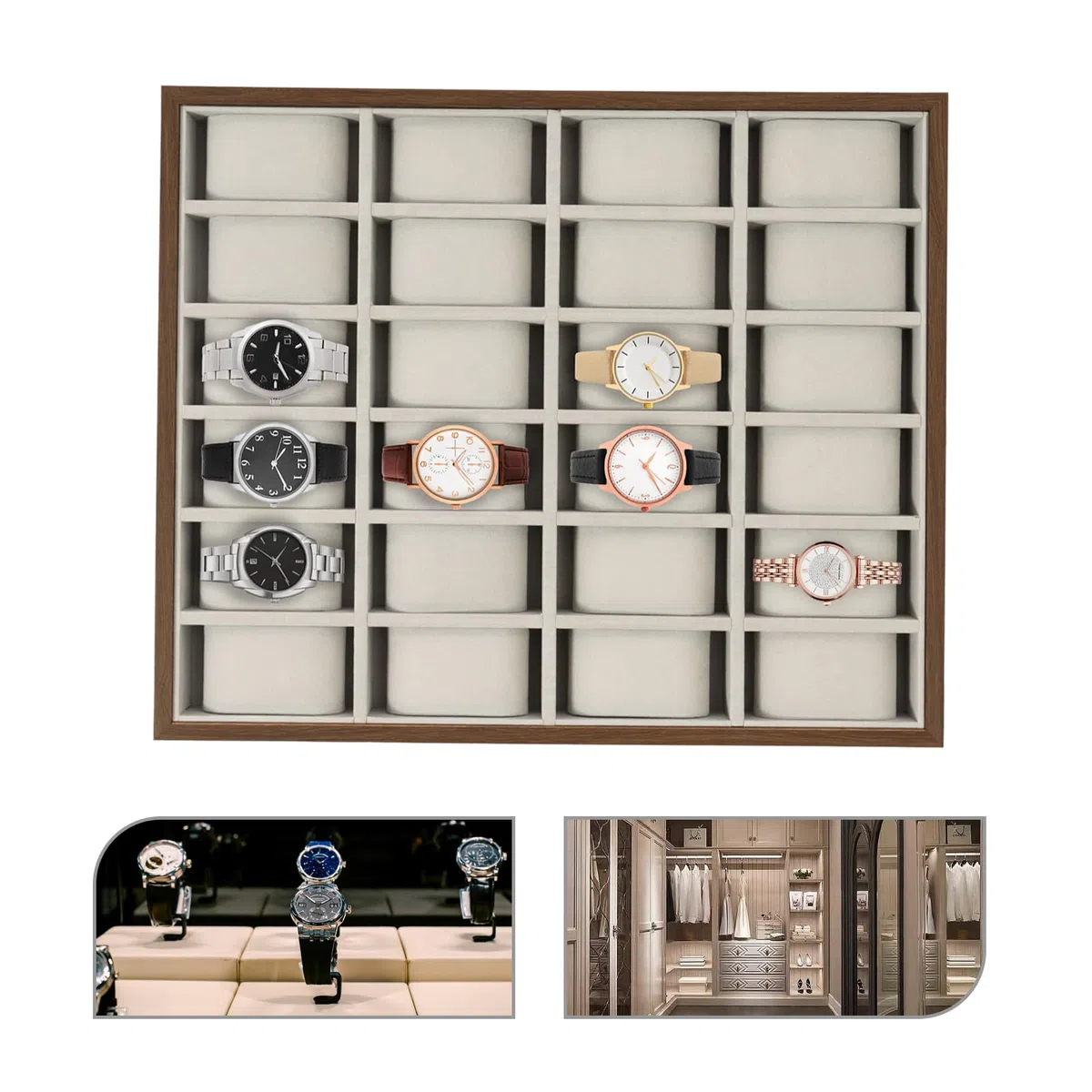 Caja de reloj con 24 compartimentos, caja de almacenamiento para joyas, organizador de almacenamiento, bandeja de madera, caja de exhibición de madera, para uso personal, exhibiciones de