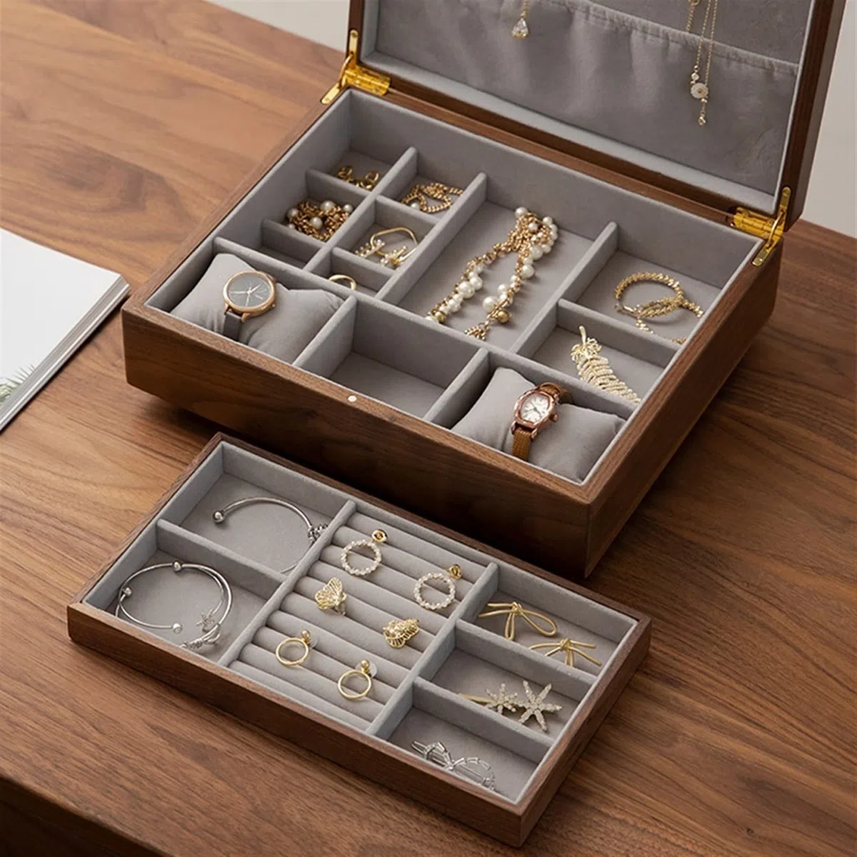 Joyero Decorativo Caja de almacenamiento de caja de joyería de 11.81 pulgadas Caja de joyería pequeña Caja de nuez negra Se puede almacenar anillo de pantalla Pulsera Pendientes Pendientes Reloj Cajas