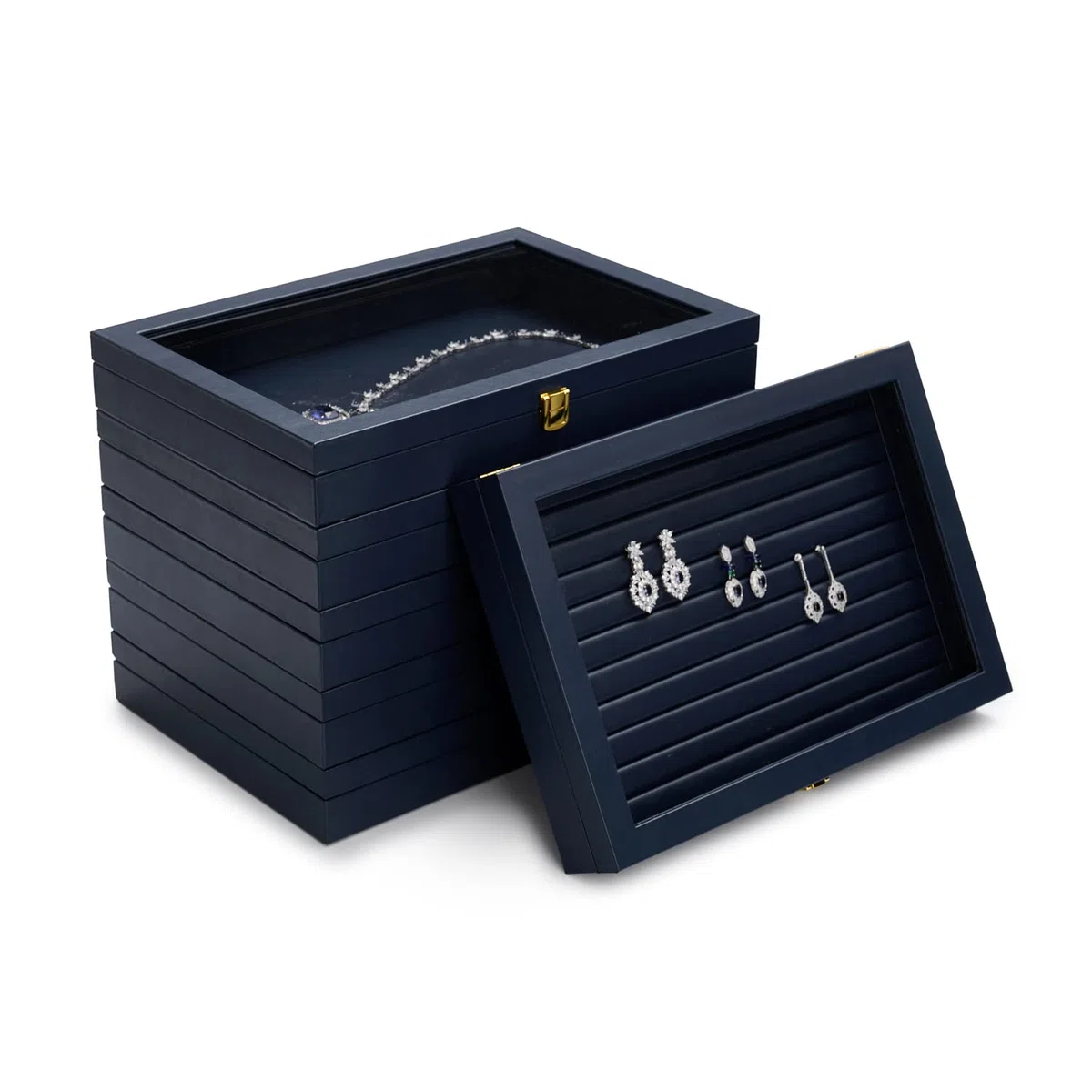 Bandeja Para Joyas 12 Compartimentos, Caja De Almacenamiento De Cuero Con Tapa Transparente - Joyero Con Cerradura Para Colgantes, Collares Y Joyas (azul)