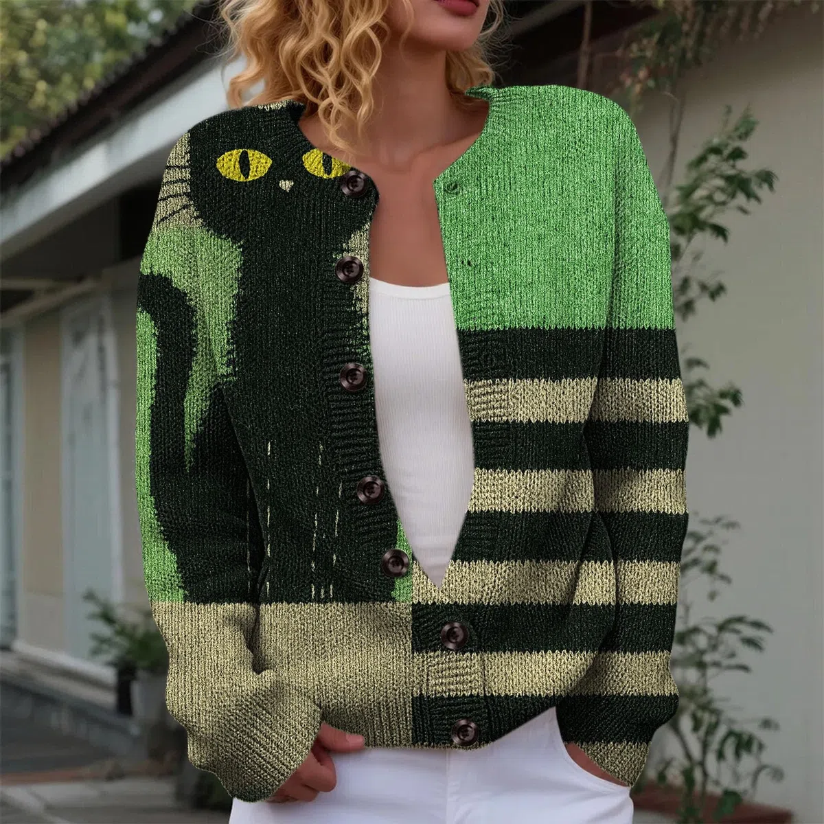 Generisch Cárdigan de mujer Halloween Horror Cárdigan Otoño Chaqueta de Punto con Botones Cárdigan Otoño Suave Estampado Cárdigan de Punto Manga Larga Strecth Cardigan de Punto de un solo pecho para