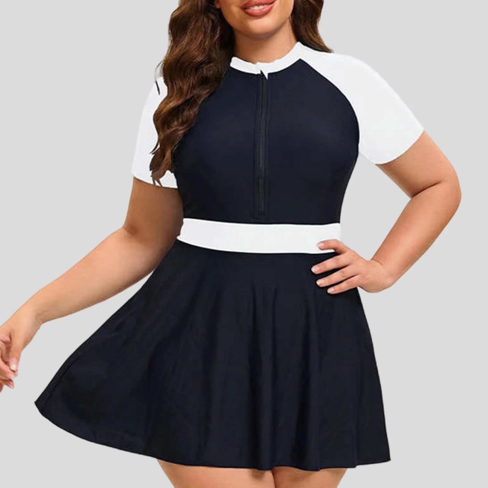 Traje baño Vestido Talla Grande Manga Corta Cremallera Shorts Mujer Dos Piezas