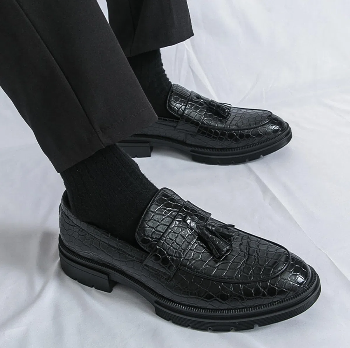 Mocasines con Borlas para Hombre Zapatos de Vestir Piel Sintética PU Cocodrilo Elegantes Casual Negocios